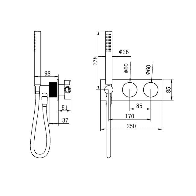Technical Drawing Nero Opal Progressive Shower System Brushed Gold NR252003CBG - The Blue Space