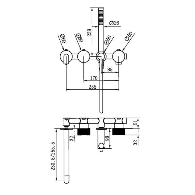 Technical Drawing Nero Opal Progressive Shower System Separate Plate With Spout 250mm Brushed Nickel NR252003B250BN - The Blue Space