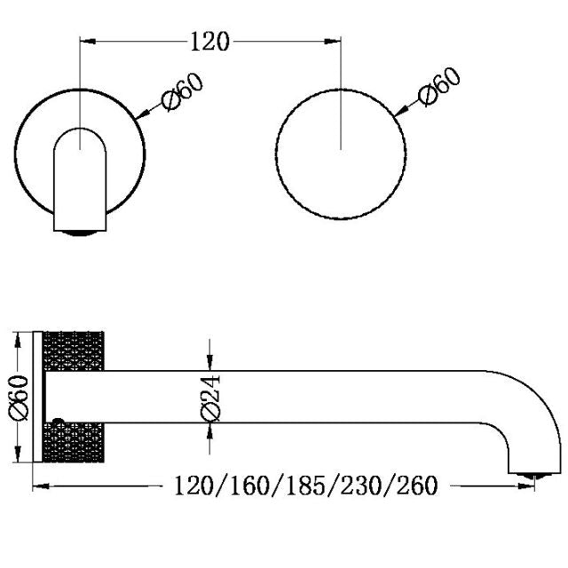 Technical Drawing Nero Opal Progressive Wall Basin/Bath Set 120mm Brushed Nickel NR252007A120BN - The Blue Space