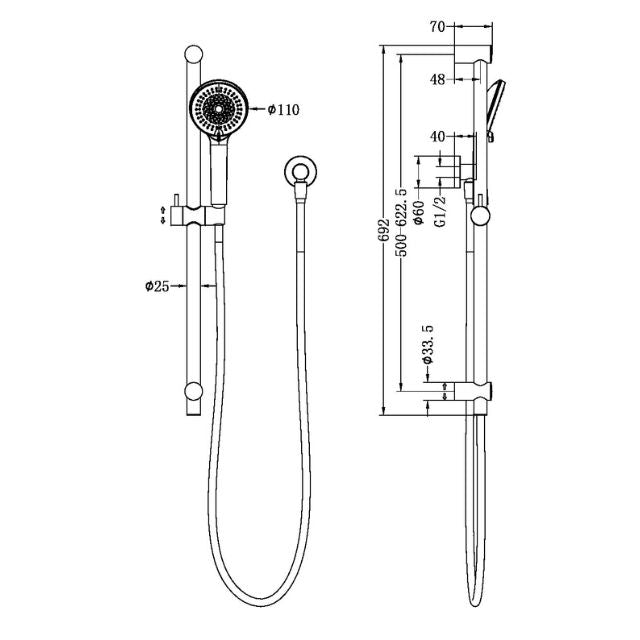 Technical Drawing Nero Round Metal Project Shower Rail Brushed Nickel with WELS 4 Star Rated NR319BN - The Blue Space