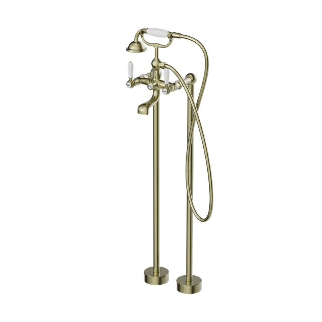 Nero York Freestanding Bath Set With White Porcelain Hand Shower Aged Brass NR692103a01AB - The Blue Space