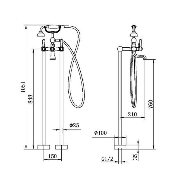 Technical Drawing Nero York Freestanding Bath Set With White Porcelain Hand Shower Chrome NR692103a01CH - The Blue Space
