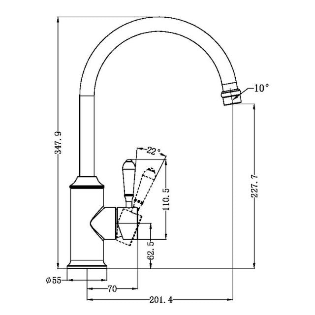 Technical Drawing Nero York Kitchen Mixer Gooseneck Spout With White Porcelain Lever Chrome NR69210601CH - The Blue Space