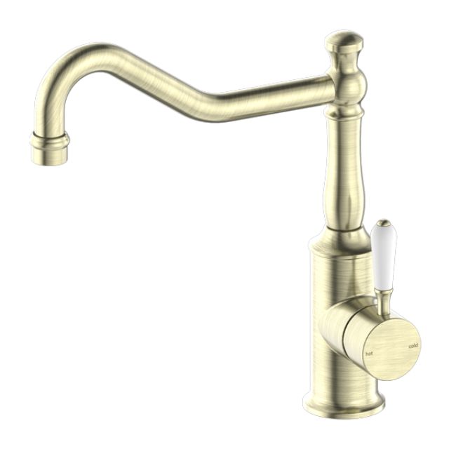 Nero York Kitchen Mixer Hook Spout With White Porcelain Lever Aged Brass