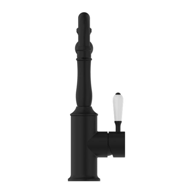 Buy Online Nero York Kitchen Mixer Hook Spout With White Porcelain Lever Matte Black NR69210701MB - The Blue Space