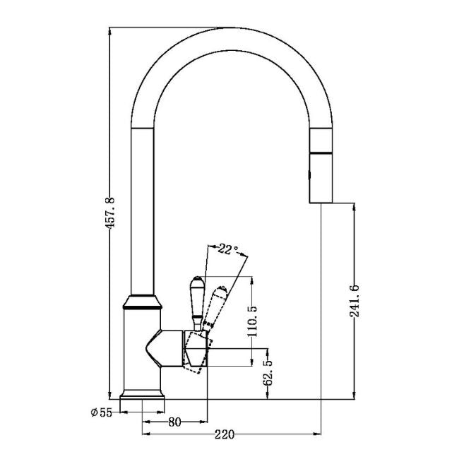 Technical Drawing Nero York Pull Out Sink Mixer With Vegie Spray Function With Metal Lever Matte Black NR69210802MB - The Blue Space