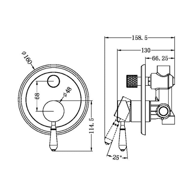 Technical Drawing Nero York Shower Mixer With Diverter With White Porcelain Lever Aged Brass NR692109a01AB - The Blue Space