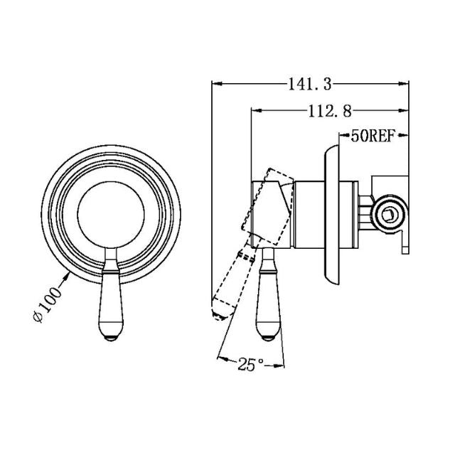 Technical Drawing Nero York Shower Mixer With White Porcelain Lever Matte Black NR69210901MB - The Blue Space