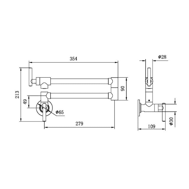 Technical Drawing Nero Zen 316L Stainless Steel Pot Filler Brushed Gold NR162203BG - The Blue Space