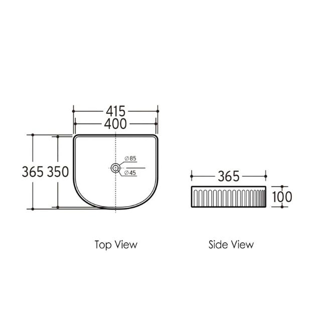 Technical Drawing Otti Archie 415mm Fluted Above Counter Basin - Matte Black OT4136CMB - The Blue Space