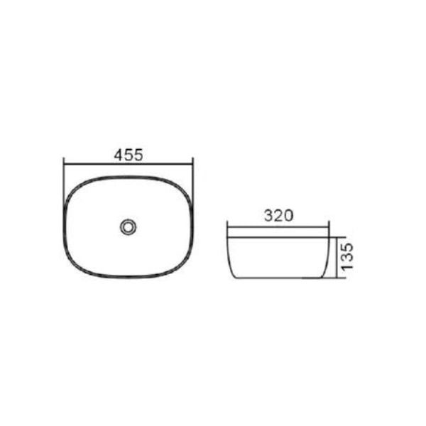 Technical Drawing - Otti Artis O'96 455mm Oval Above Counter Basin - Gloss White IS4096 - The Blue Space