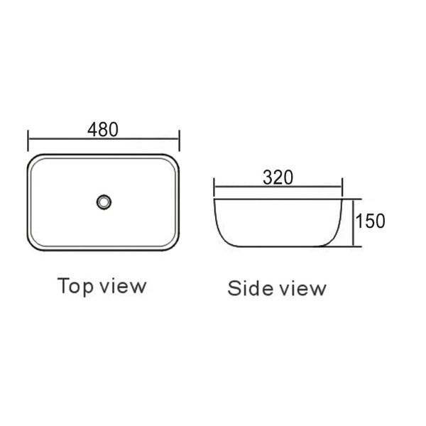 Technical Drawing Otti Artis O'96 480mm Oval Above Counter Basin - Matte Black & Matte White IS4096MWB - The Blue Space
