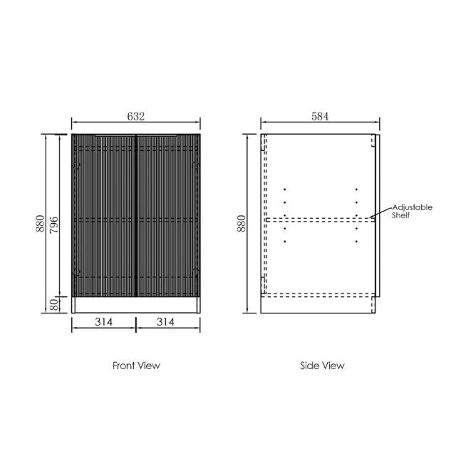 Technical Drawing Fluted Floor Standing Cabinet Otti Bondi 1305mm Fluted Laundry Set A - White - The Blue Space