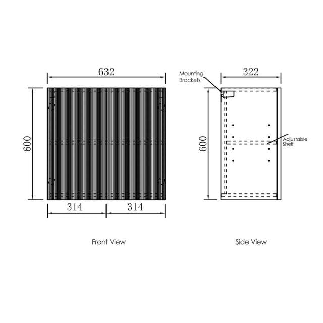 Technical Drawing Fluted Wall Cabinet for Otti Bondi 1305mm Fluted Laundry Set C - White - The Blue Space