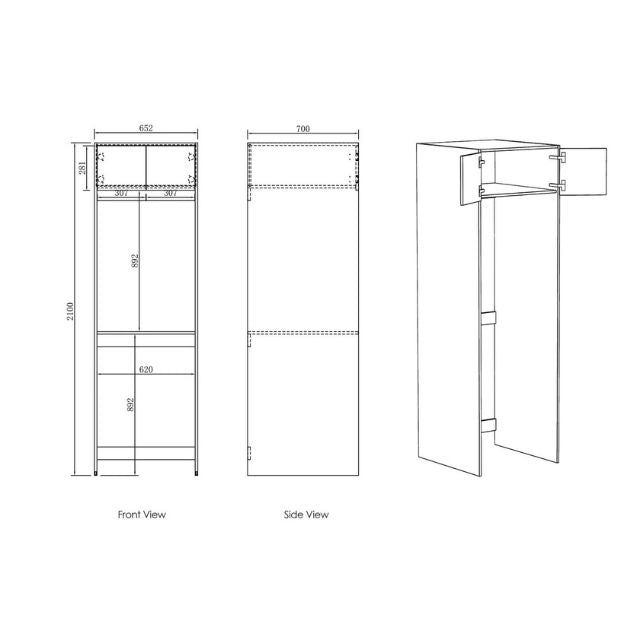 Technical Drawing Tall Washing Machine Cabinet for Otti Bondi 1305mm Fluted Laundry Set C - White - The Blue Space
