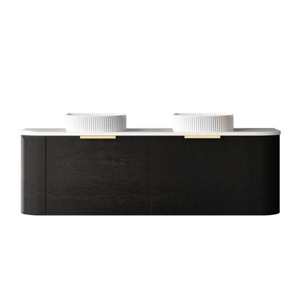 Otti Bondi 1500mm Wall Hung Curve Vanity Black Oak with Pure White Stone Top