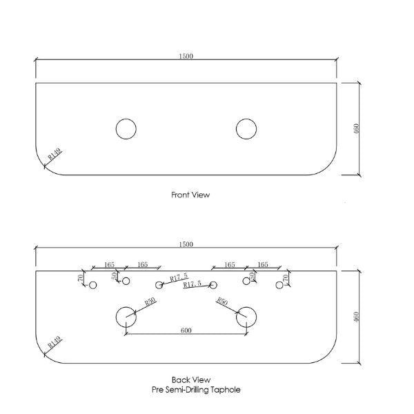 Technical Drawing Stone Top Otti Bondi 1500mm Wall Hung Curve Vanity Natural Oak - The Blue Space