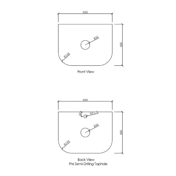 Technical Drawing Stone Top Otti Bondi 600mm Wall Hung Curve Vanity Natural Oak - The Blue Space