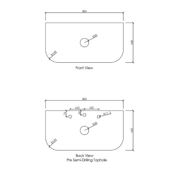 Technical Drawing Stone Top Otti Bondi 900mm Wall Hung Curve Vanity Black Oak - The Blue Space