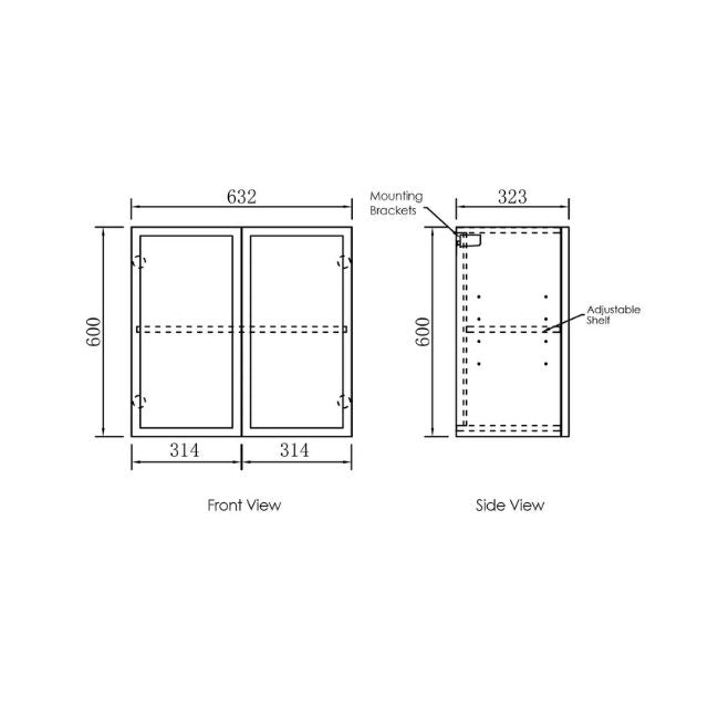 Technical Drawing Wall Cabinet Drawing for Otti Byron 1305mm Laundry Set A - Black Oak - The Blue Space