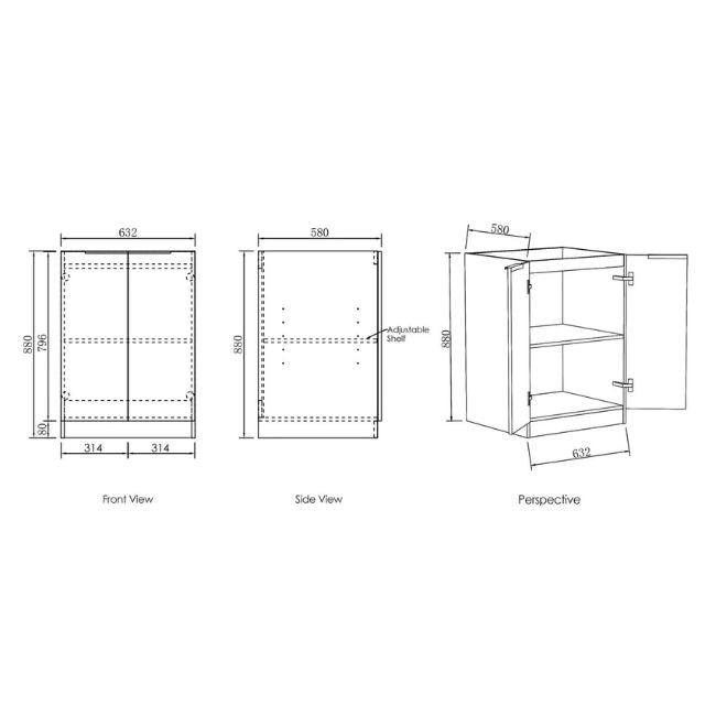 Technical Drawing 632mm Freestanding Cabinet For Otti Byron 1715mm Laundry Set B - Natural Oak - The Blue Space