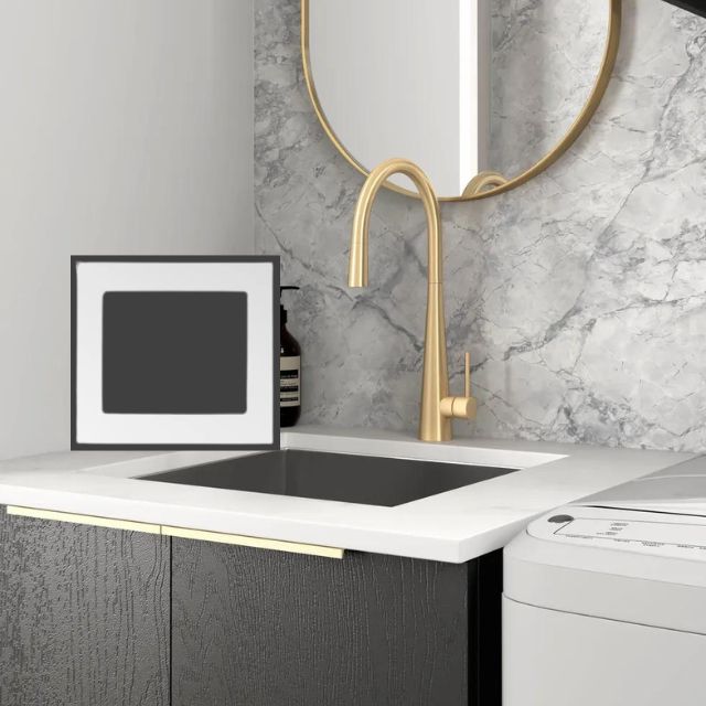 Otti Byron Black Oak 650mm Mini Laundry Cabinet Set With Pure White Stone Top LA-650A-BYB-PW - The Blue Space