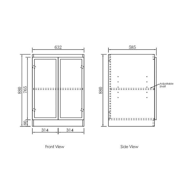 Floor Standing Cabinet Technical Drawing for Otti Hampshire 1305mm Laundry Set A - White - The Blue Space