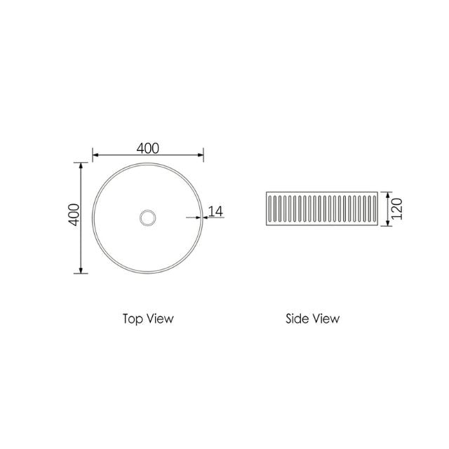 Technical Drawing Otti Hudson 400mm Fluted Round Above Counter Basin - White OT4000CONW - The Blue Space