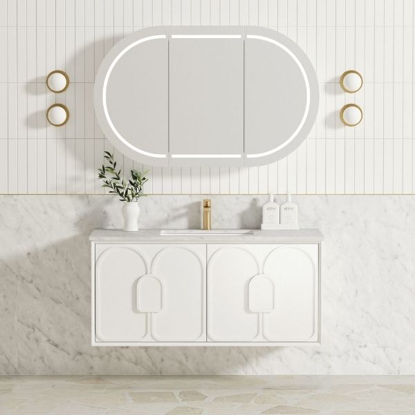 Otti Laguna 1200mm Single Bowl Wall Hung Vanity Satin White - Natural Carrara Marble Top with Undermount Basin