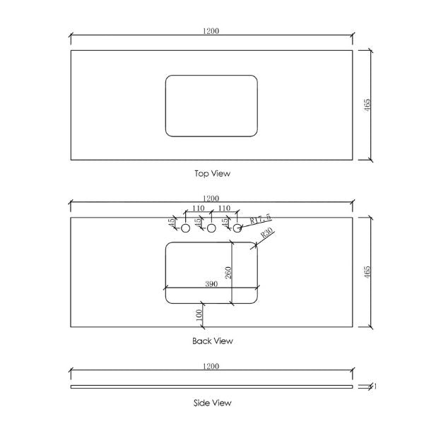 Technical Drawing Stone Top 1200mm - Otti Laguna Wall Hung Vanity Natural Carrara Marble Top with Undermount Basin - The Blue Space
