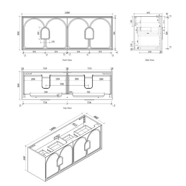 Technical Drawing Cabinet 1500mm - Otti Laguna Wall Hung Vanity Natural Carrara Marble Top with Undermount Basin - The Blue Space