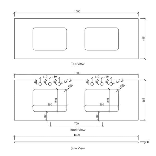 Technical Drawing Stone Top 1500mm - Otti Laguna Wall Hung Vanity Natural Carrara Marble Top with Undermount Basin - The Blue Space