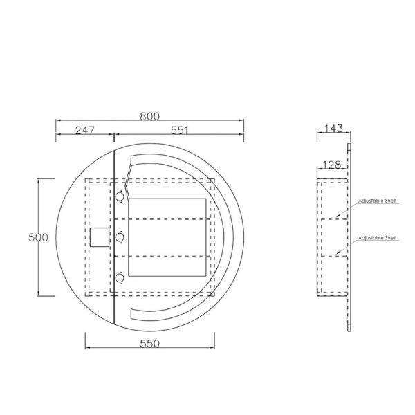 Technical Drawing Otti London 800mm Round Led Mirror Shaving Cabinet White LED-RSV800 - The Blue Space