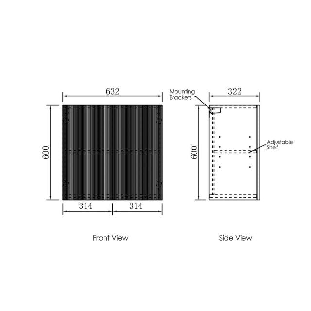 Technical Drawing 632mm Fluted Wall Cabinet For Otti Marlo 1715mm Fluted Laundry Set C - Black - The Blue Space