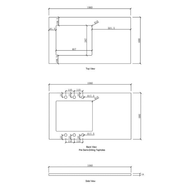 Technical Drawing Benchtop / Stone Top For Otti Marlo 1715mm Fluted Laundry Set C - Black - The Blue Space