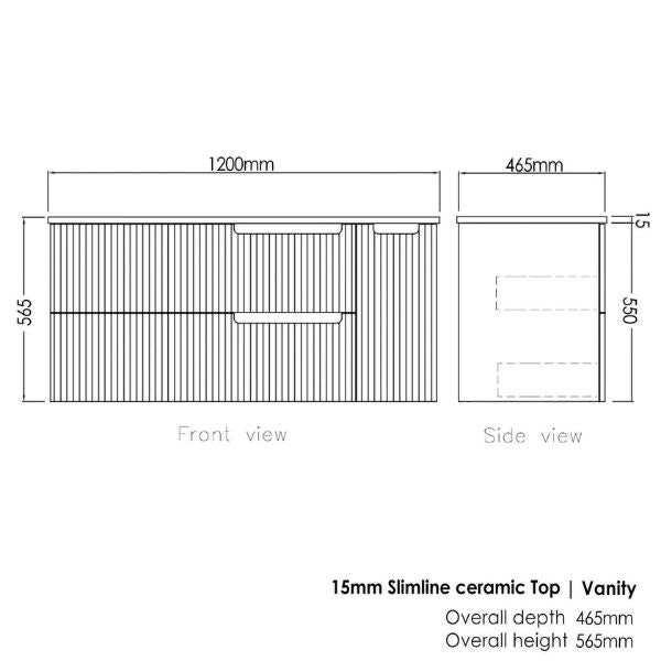 Technical Drawing Otti Noosa 1200mm Wave Board Wall Hung Vanity with Slimline Ceramic Top - The Blue Space