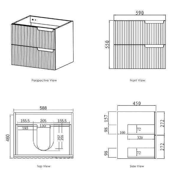 Technical Drawing Otti Noosa 600mm Wave Board Wall Hung Vanity with Slimline Ceramic Top - The Blue Space