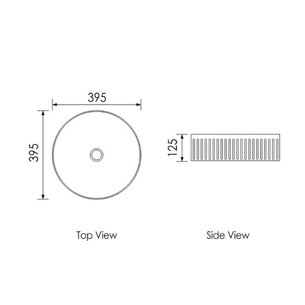 Technical Drawing Otti Oxford 395mm Fluted Round Above Counter Basin - Matte Black OT3950MB - The Blue Space