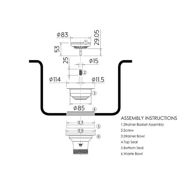 Technical Drawing Otti Sink Basket Waste Chrome WK105 - The Blue Space