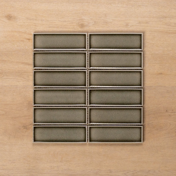 Palm Cove Taupe Gloss Crackle Porcelain Mosaic Tile 47x147mm Horizontal - The Blue Space