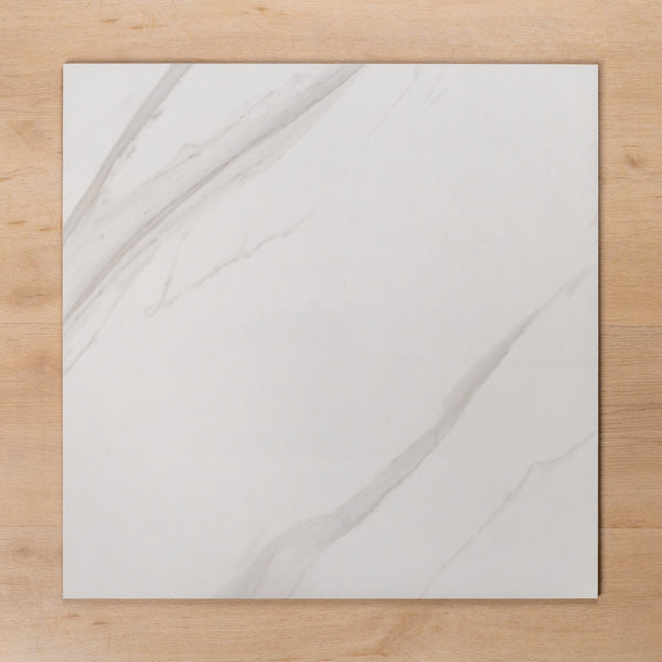 Perisher White Marble Polished Rectified Porcelain Tile 600x600mm - The Blue Space