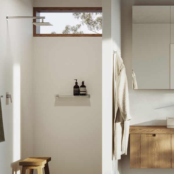 Phoenix Enviro316 Marine Grade Stainless Steel Wall Mixer in natural Australian bathroom - The Blue Space