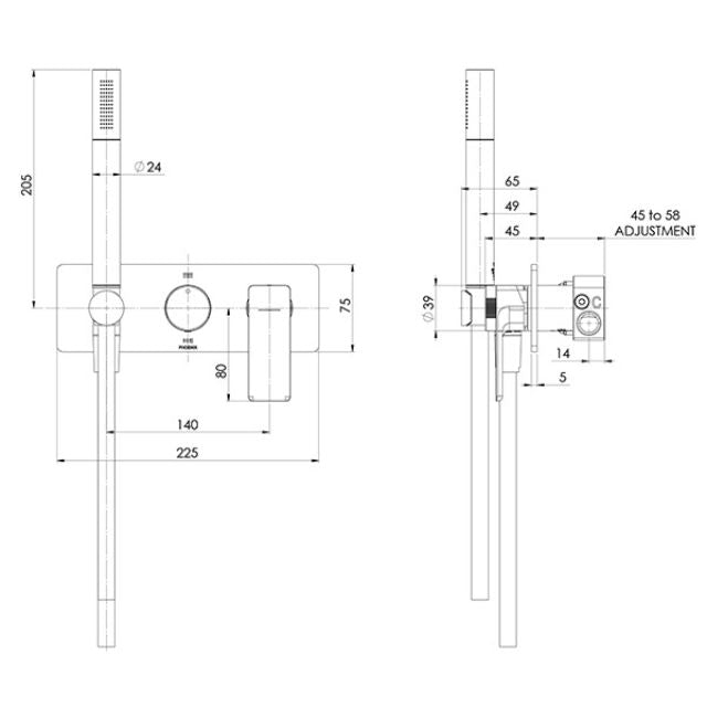 Technical Drawing Phoenix Gloss MKII Wall Shower System Brushed Carbon 135-7490-31 - The Blue Space