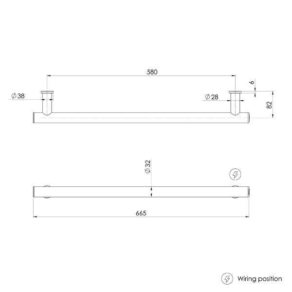 Phoenix Heated Towel Rail Round 600mm - Brushed Gold - 650-8760-12 - Technical Drawing