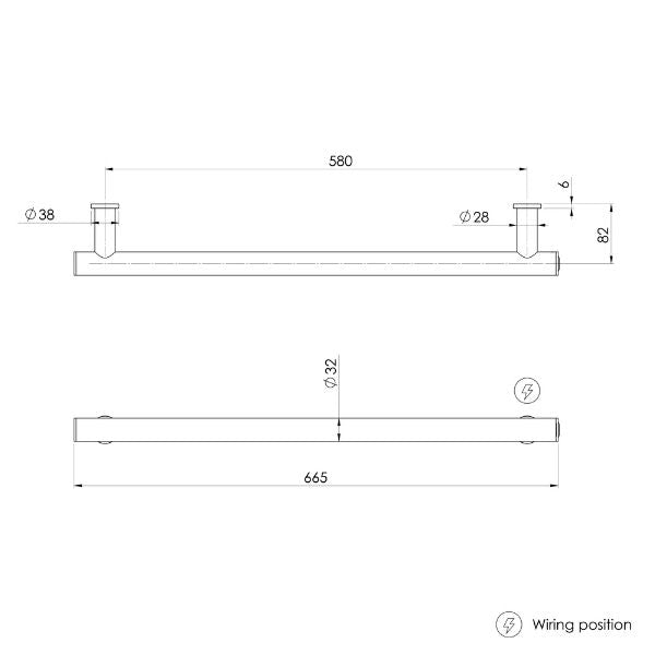 Phoenix Heated Towel Rail Round 600mm - Chrome - 650-8760-00 - Technical Drawing