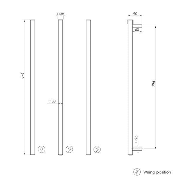 Phoenix Heated Triple Towel Rail Square 800mm - Matte Black - 651-8763-10 - Technical Drawing