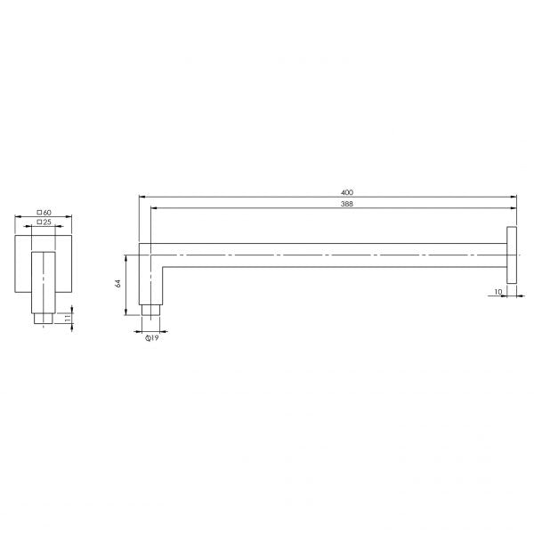 Phoenix Lexi Shower Arm Only 400mm Square - Brushed Carbon - Technical Drawing