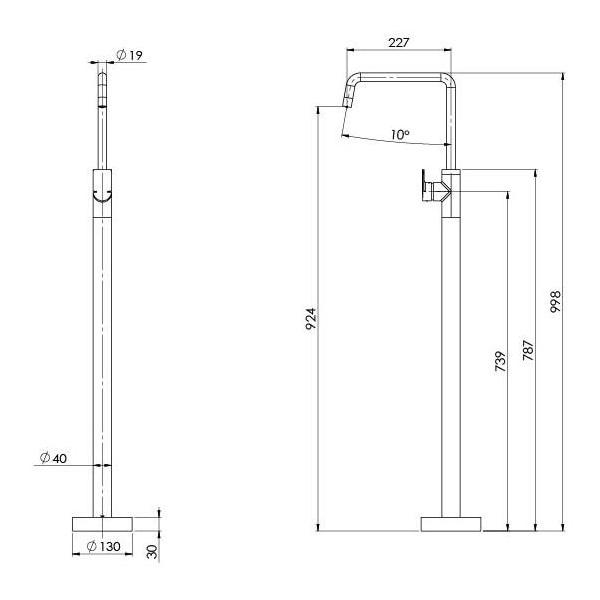 Phoenix Mekko Floor Mounted Bath Mixer - Brushed Carbon - Technical Drawing