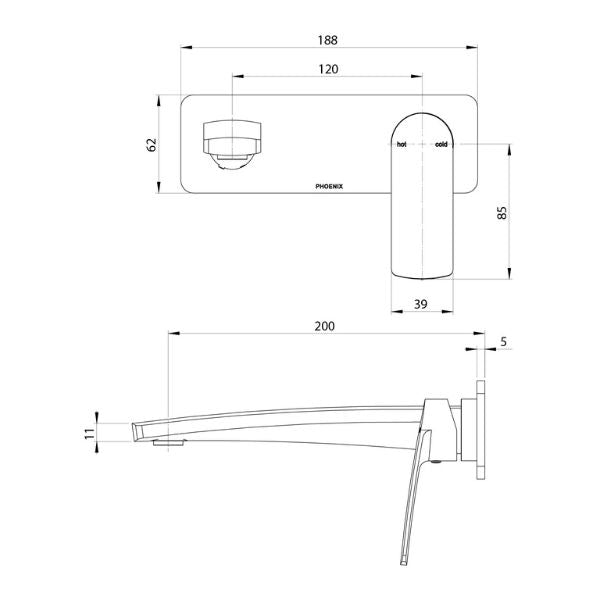 Phoenix Mekko SwitchMix Wall Basin / Bath Mixer Set 200mm Fit-Off Kit - Brushed Carbon - Technical Drawing