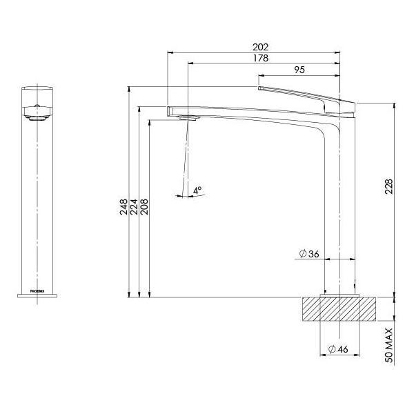 Phoenix Mekko Vessel Mixer - Brushed Carbon - Technical Drawing